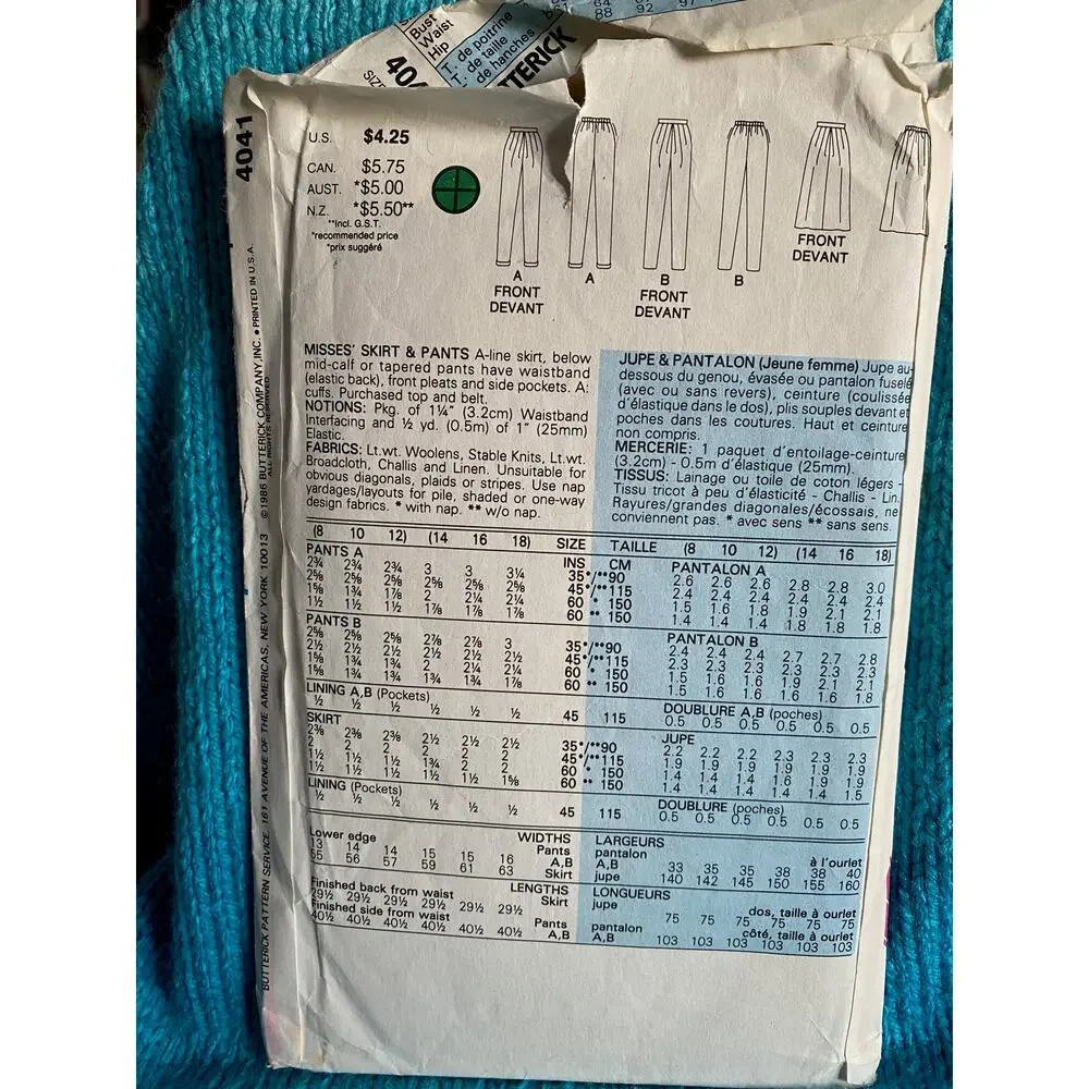 Butterick Pattern 4041 skirt pant sz 8 10 12